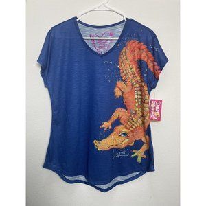 NWT Leoma Lovegrove Blouse Top Womans Medium Alligator Blue Short Sleeve V Neck